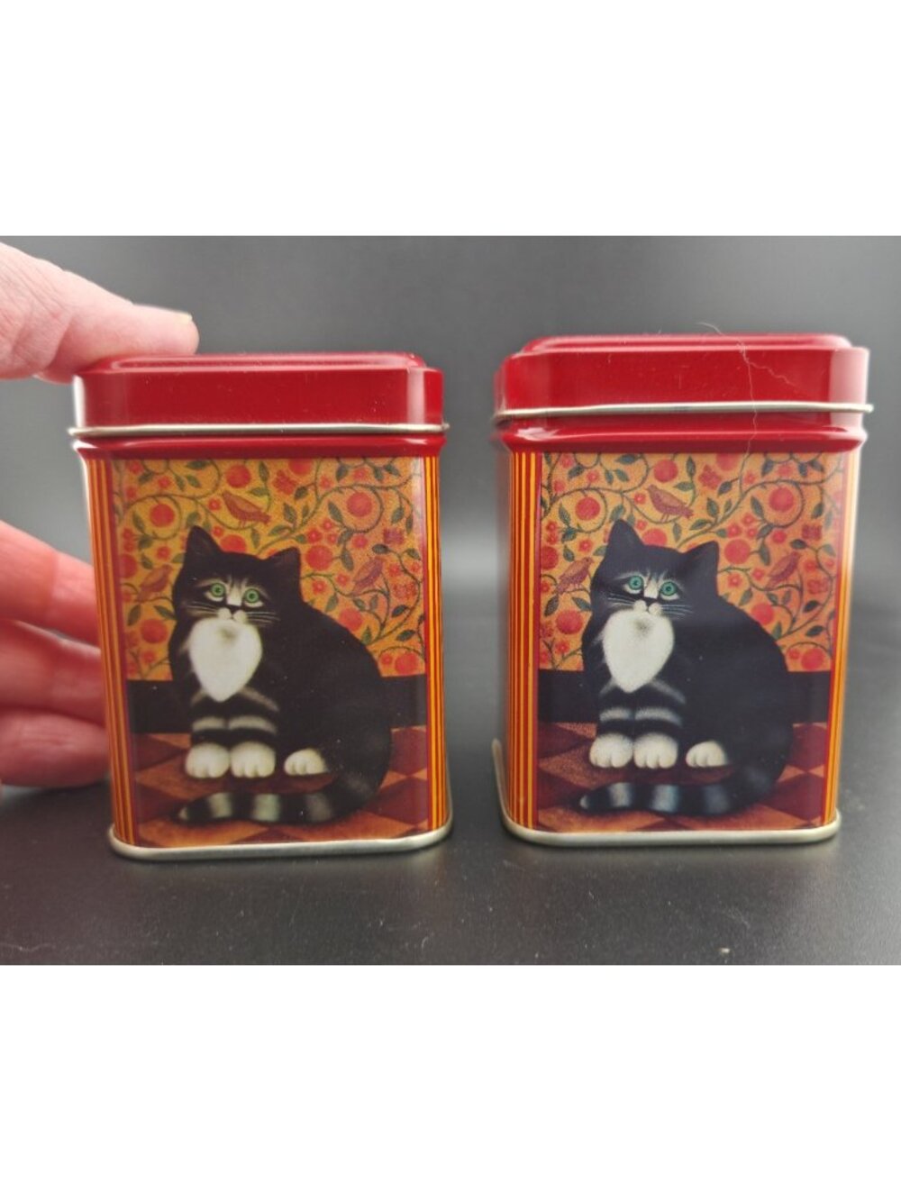 Cat Mini Tin Box M. Leman J. Luber Lot of 2 Tins Hong Kong 2.5 x 3" Tuxedo